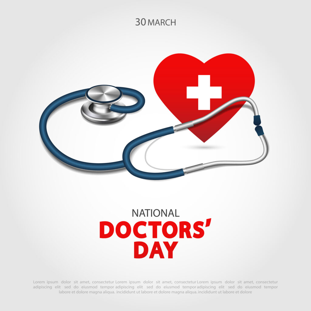 Stethoscope with red heart and cross, text "National Doctors' Day" and "30 March."