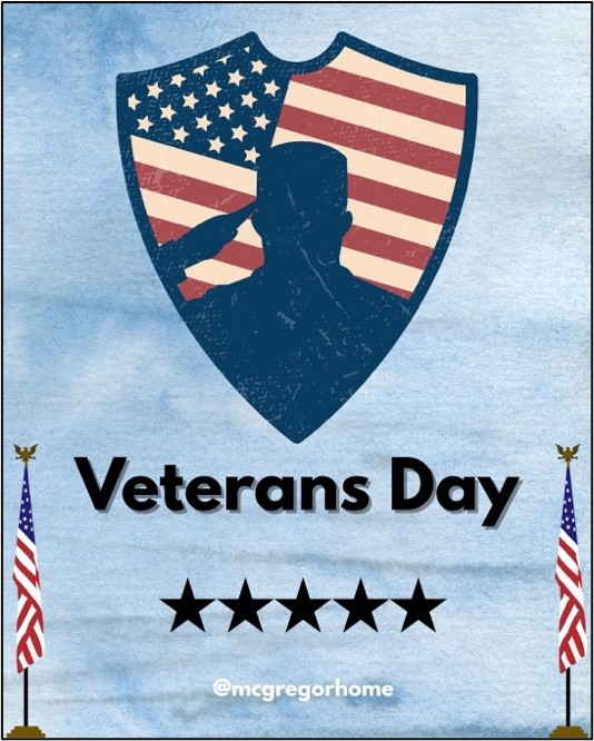 Veterans Day-themed design with an American flag shield, silhouette saluting, stars, and flags.