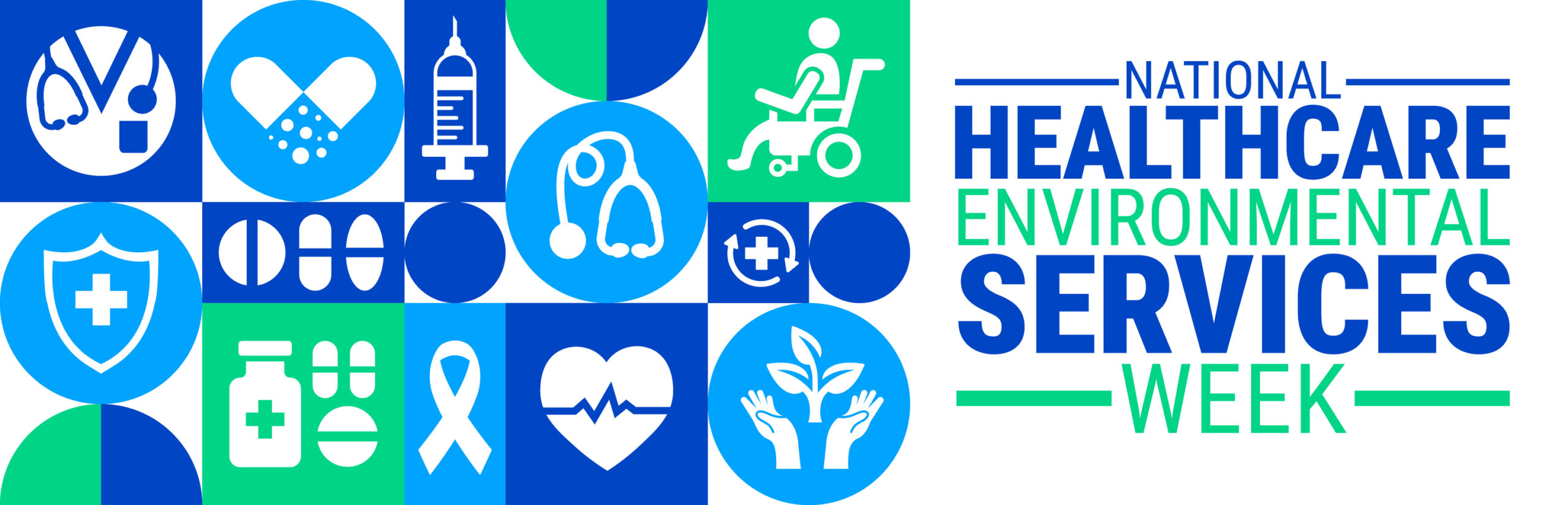 A design highlighting "National Healthcare Environmental Services Week," with healthcare-related icons.