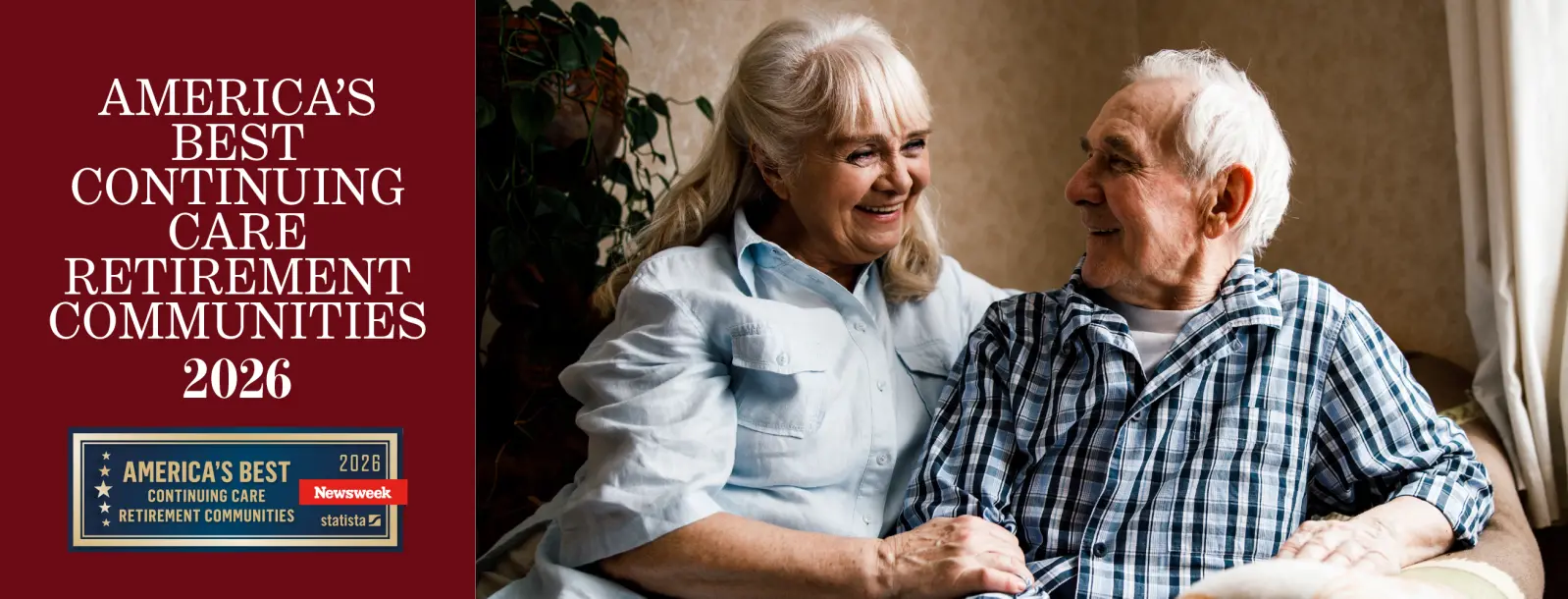 Two elderly adults looking at each other and smiling. On the left side, there is text that says, "America's Best Continuing Care Retirement Communities 2026".