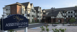 McGregor Assisted Living building in Cleveland, Ohio, with a sign displaying the facility name and address.
