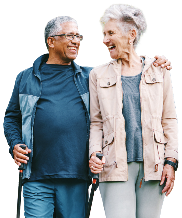 older couple walking happy
