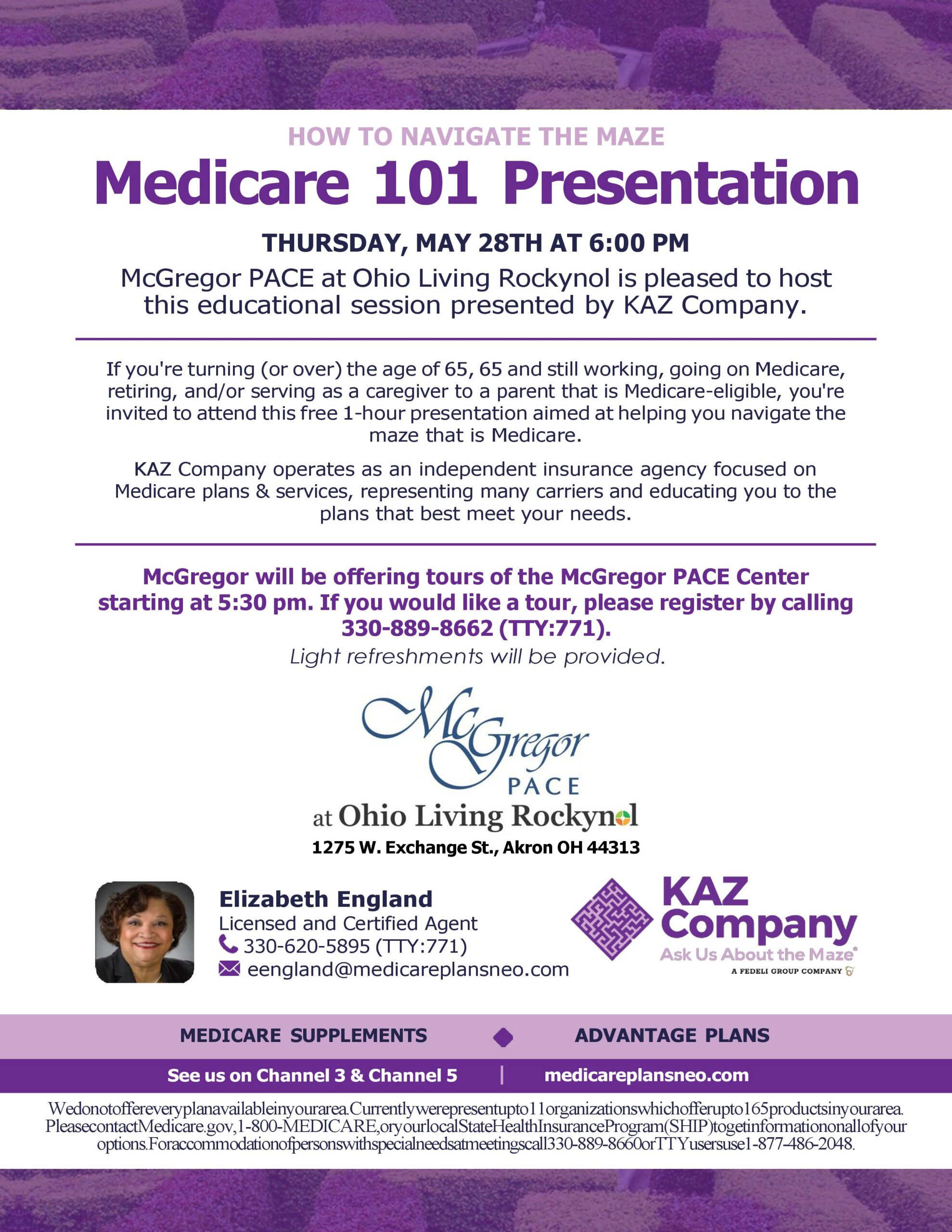 A flyer for a "Medicare 101 Presentation" at McGregor PACE, presented by KAZ Company, with contact info and event details.