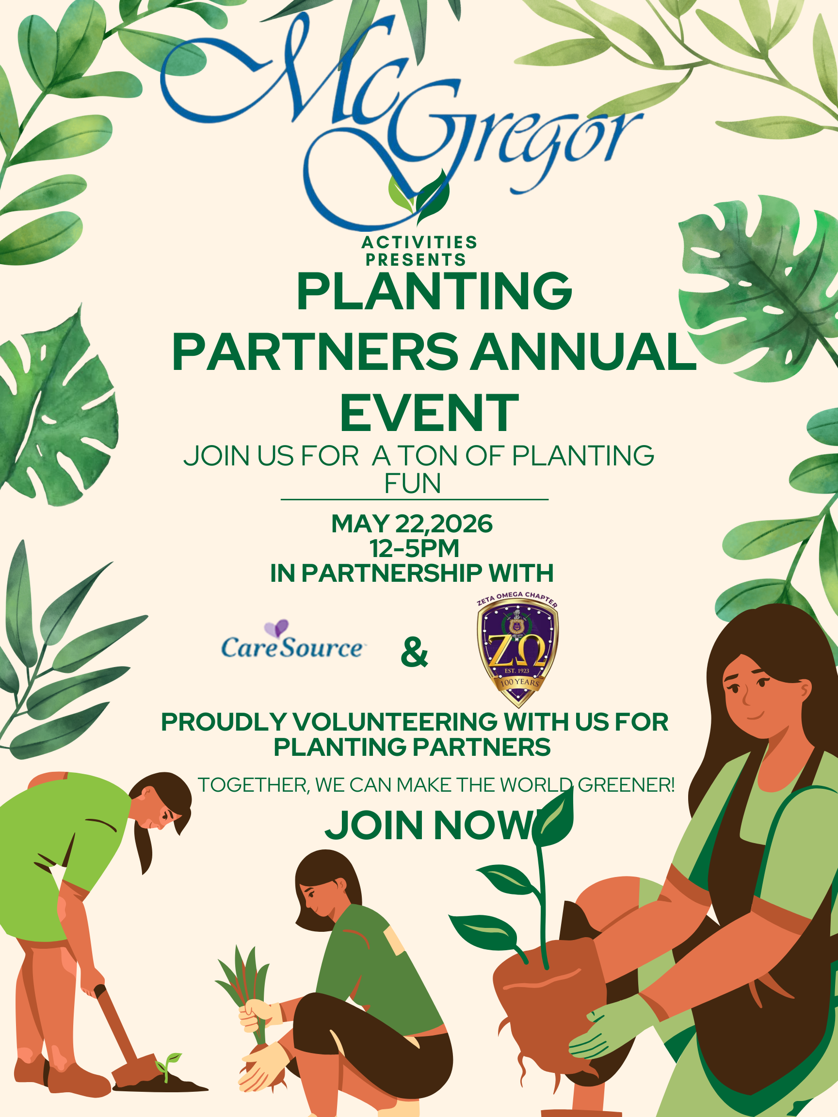 A poster for the Planting Partners Annual Event on May 22, 2026, from 12-5 PM, featuring planting activities and volunteer opportunities.