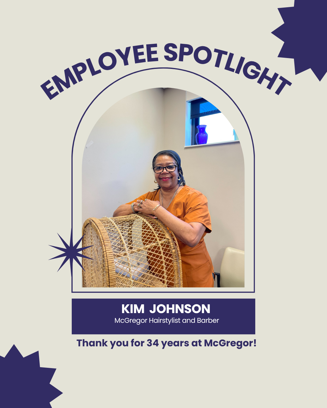 Employee spotlight for Kim Johnson, a hairstylist and barber, celebrating 34 years at McGregor.